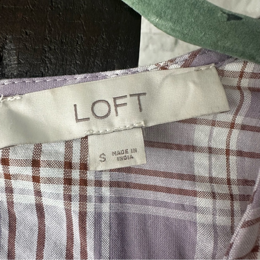 LOFT Frosted Lavender Ruffled Plaid Blouse Size Small - Picture 5 of 11